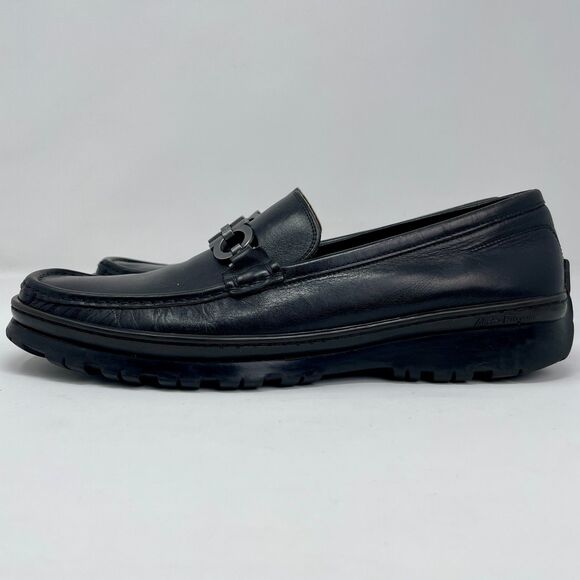 Salvatore Ferragamo Shoes Mens 11 D Leather Gancini Loafers Italy Lug Sole Luxe - Picture 1 of 10